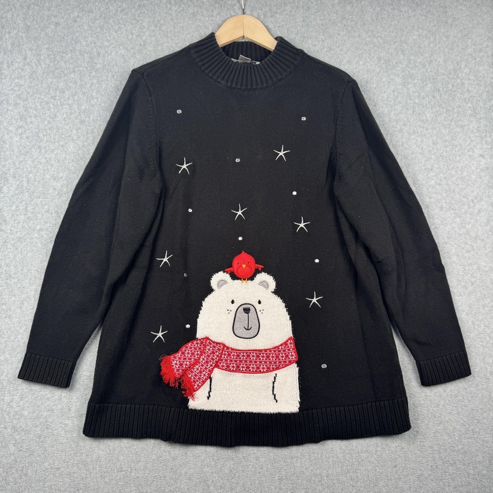 Christopher & Banks Sweater Womens XL Black Polar Bear Cardinal Winter Holiday‎